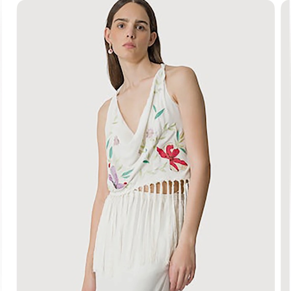 Floral White Fringe Tank Top